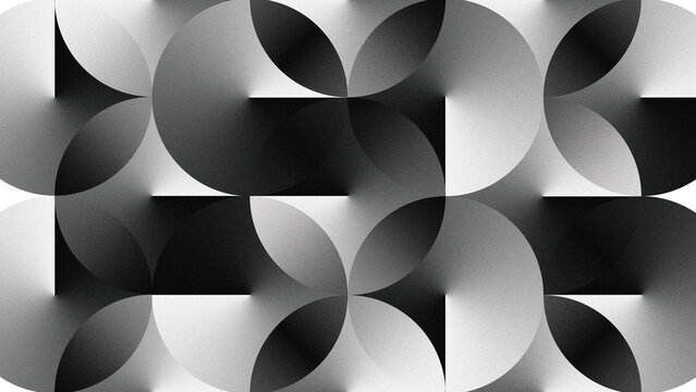 Monochrome geometric composition with layered circles, angular gradient, conic gradient and grain texture. Minimal abstract backdrop for branding, interiors, posters and digital art.