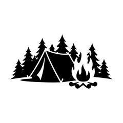 Obraz premium Minimalist forest camping silhouette with tent and campfire