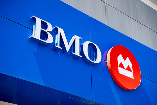 Close up view of BMO bank logo on building. Mississauga, Canada - May 4, 2026.