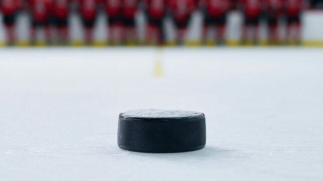Close-up of a black hockey puck on ice rink with blurred players and red line in the background during an ice hockey game