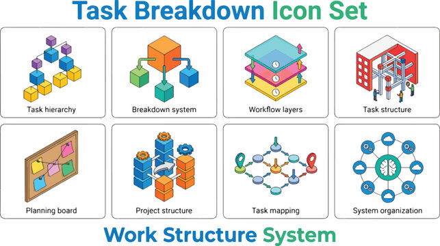 Task breakdown and work structure icon set with project hierarchy, workflow and system mapping symbols