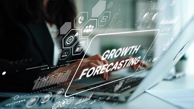Business professional using laptop for growth forecasting with digital analytics and futuristic interface at modern workspace. Asymptotic smart data analytic.