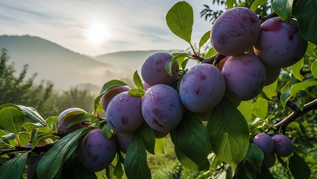 Fresh purple plums hanging from tree branch with green leaves in orchard at sunrise or sunset