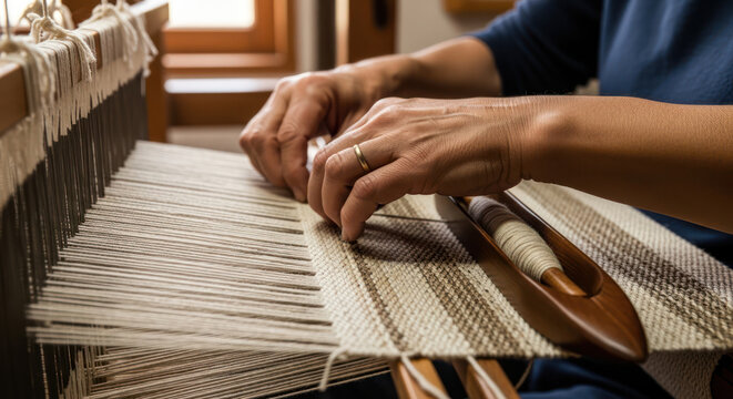 Hands weaving fabric on a traditional loom creating textile art.