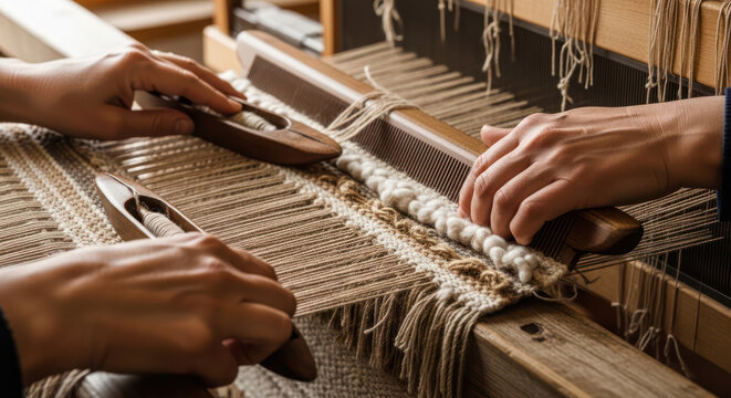 Hands weaving intricate textile patterns on a traditional loom.
