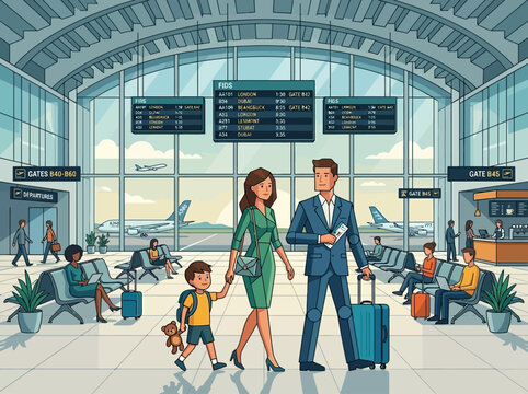 Family with Child Traveling in Modern Airport Terminal with Luggage, Planes, and Flight Board Vector Illustration