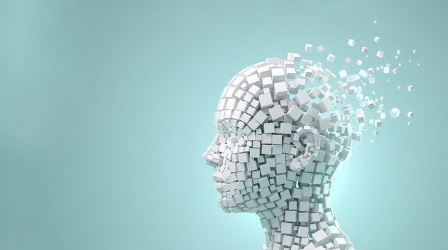 Human head profile made of floating 3D white cubes for digital transformation and data processing concept