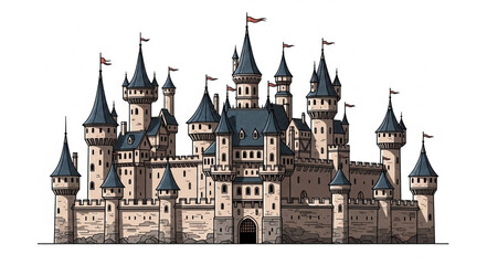 Fairytale Medieval Castle Illustration with Flags and Towers. © Ninda
