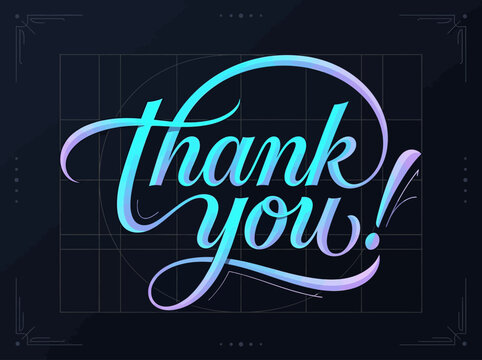 Elegant Thank You Hand Lettering with Vibrant Cyan and Purple Gradient on Dark Background
