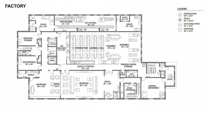 Factory floor plan blueprint architectural drawing.