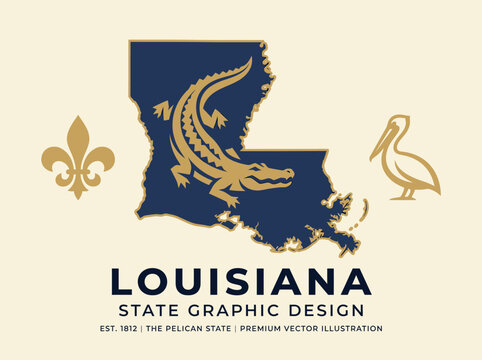 Louisiana State Graphic Design with Alligator Map Silhouette Pelican and Fleur-de-Lis Vector Illustration