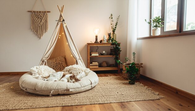 Cozy bohemian den for a cat featuring a teepee tent, plush round bed, and macrame wall hanging in a sunlit room