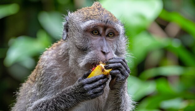 Close-up of a monkey eating a piece of fruit, showing its hands holding the food and its expressive face in a natural setting
