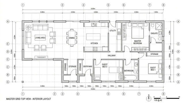 Architectural floor plan drawing of a house with rooms and dimensions.