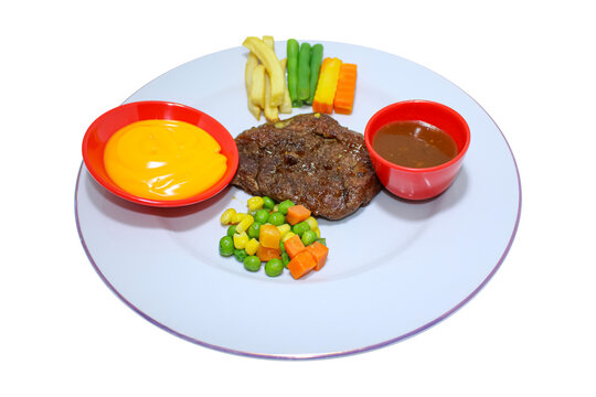 Grilled Beef Steak with Vegetables and Cheese Sauce