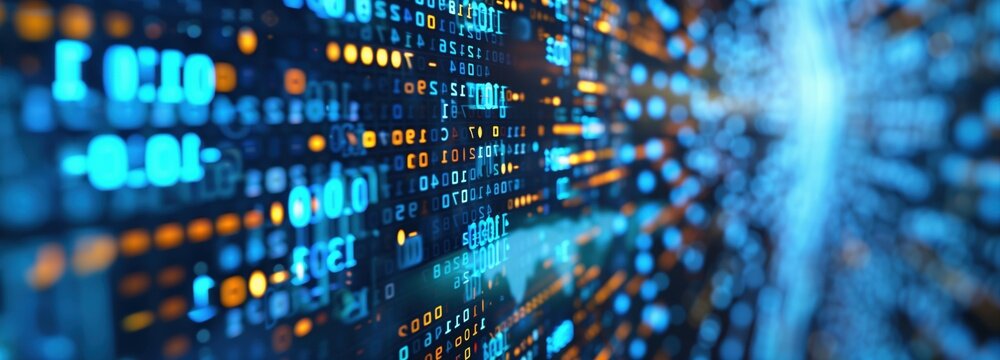 Digital World: Exploring the depths of a digital matrix, with glowing binary code