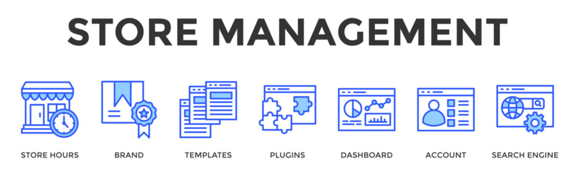 Store Management  Banner Web  Icon Set Collection Pack Vector Illustration Concept Containing Store Hours, Brand, Templates, Plugins, Dashboard, Account, Search Engine