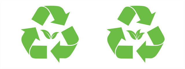 Obraz premium A linear recycling symbol icon set with a leaf in the center. A minimalist sign for eco-friendly disposal and environmental protection. Vector illustration.