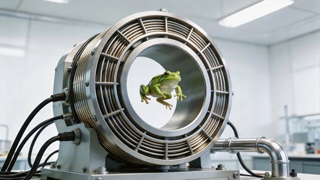 A Live Frog Suspended in Midair by Diamagnetic Levitation Inside a Powerful Bitter Electromagnet Bore
