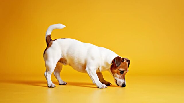 A lively Jack Russell Terrier dog sniffs, barks, and looks around in a studio. Playful and curious on yellow.