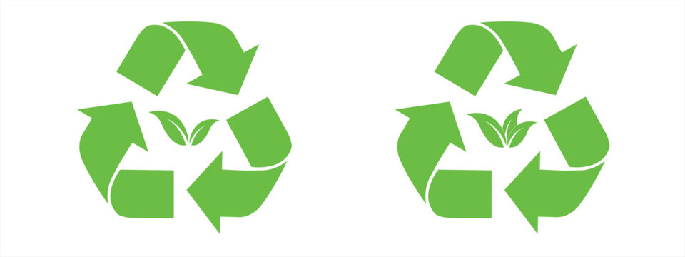 A linear recycling symbol icon set with a leaf in the center. A minimalist sign for eco-friendly disposal and environmental protection. Vector illustration.