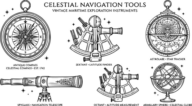 Black line celestial navigation tools vector collection, antique compass, sextant and astrolabe in maritime exploration style isolated on white background, vintage science illustration