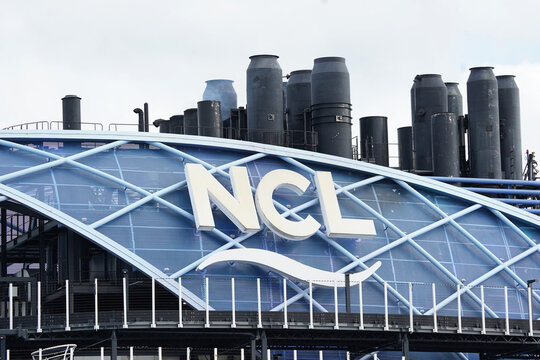 The smoke stack of a cruise boat from the Norwegian Cruise Line on a ship docked near the port of Grand Cayman, Cayman Islands on December 30, 2026.