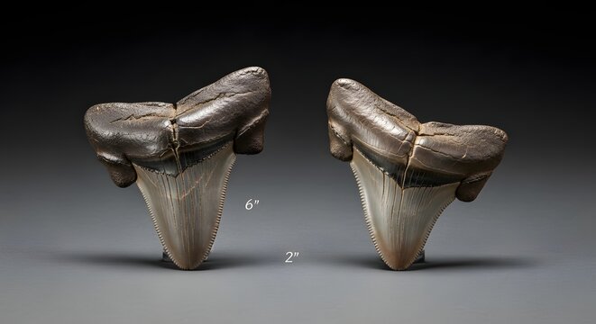 Two Fossilized Megalodon Shark Teeth Displayed on a Neutral Background.