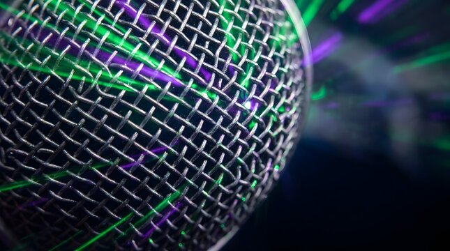 Extreme macro close up of a microphone metal grille with neon green and purple lights