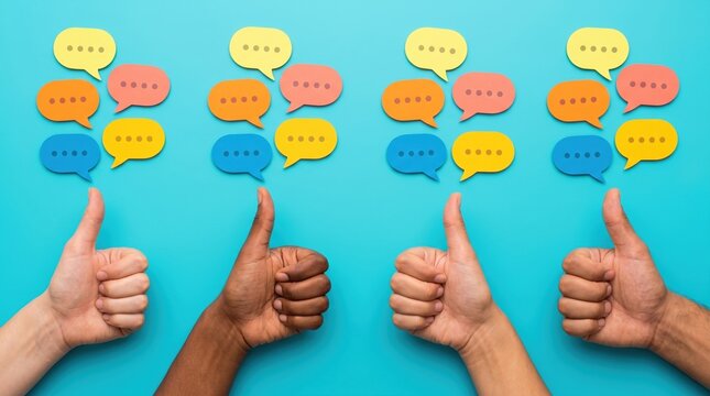 Four diverse hands giving thumbs up under colorful speech bubbles on a vibrant blue background symbolizing communication approval and teamwork
