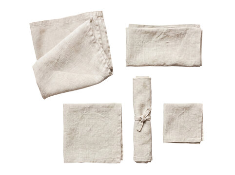 Assorted natural linen napkins in various folds and a tied roll, isolated on transparent background.