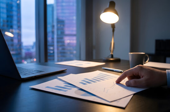 Office desk with laptop, cup, lamp, and papers showing bar graphs as hand points to blue chart in front of city view. Conceptual business image symbolizes data analysis, productivity, and decision