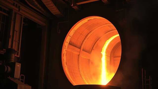 adios. Molten iron flowing from a steel furnace, glowing against dark industrial interior. safety posters, maintenance manuals, designed for precision metalworking and fabrication facilities.