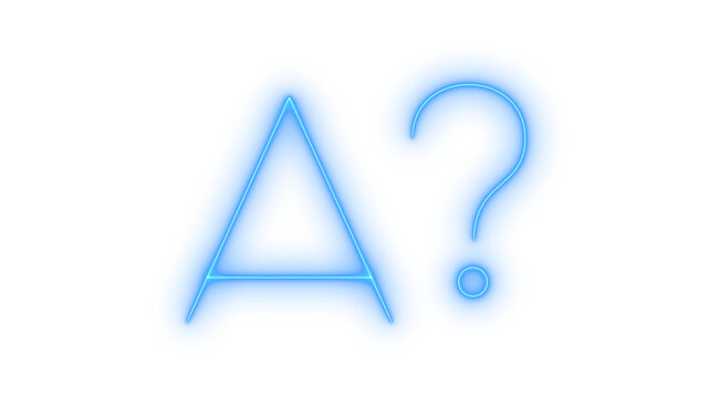 Glowing neon letter A and question mark icon isolated on transparent background. FAQ and support. Information. Quiz. Alphabet query. Help section symbol.