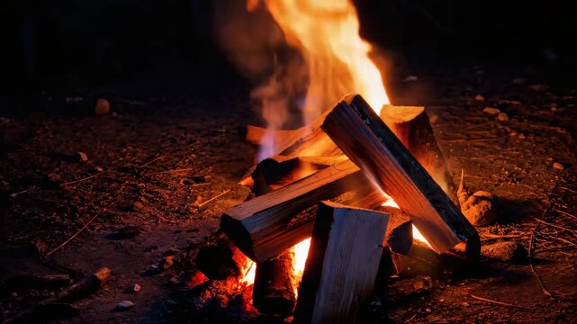Campfire burning with wooden logs at night outdoors, warm glowing flames creating cozy atmosphere for camping, survival, travel and recreation concepts.