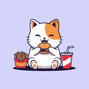 Cartoon Cat Eating Burger with Fries.