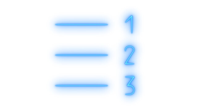 Glowing neon numbered list icon isolated on transparent background. Ordered sequence. Ranking menu. 123 list. Priority sorting. Digital web interface button