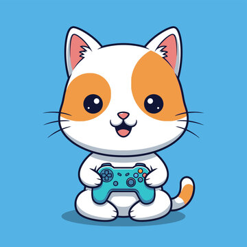 Cartoon Cat Holding Game Controller.