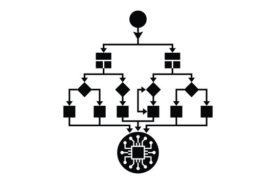 Black and white flowchart with microchip icon flowchart algorithm workflow structure computer technology