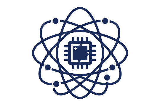 Atomic structure with integrated circuit chip at nucleus atomic model computer chip micro processor computer techno