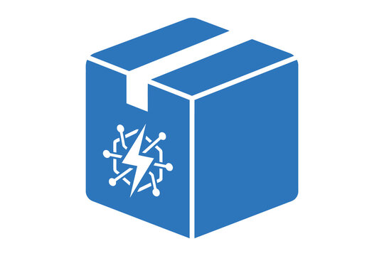 Blue cube with lightning bolt and network nodes delivery shipping technology electricity lightning connection