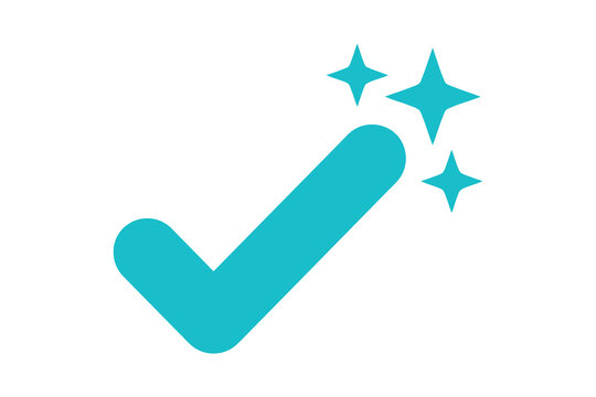 Turquoise check mark with sparkling stars approved confirmation agreement verified selection illustration