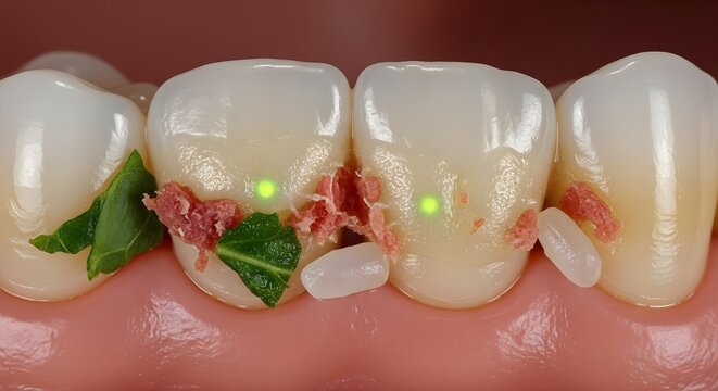 Close Up View of Food Particles Between Teeth Leading to Bacterial Accumulation and Early Plaque Development Concept