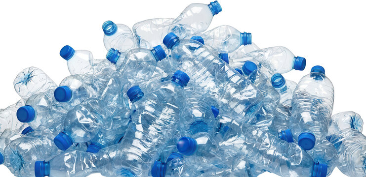A large pile of empty clear plastic water bottles with blue caps symbolizing waste and recycling plastic bottles empty bottles environmental pollution discarded trash rubbish