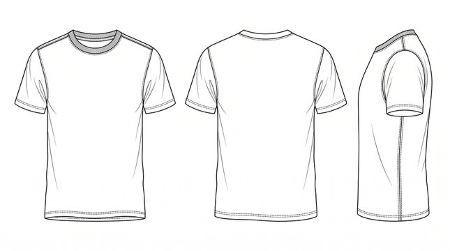 Professional fashion flat sketch of a basic t-shirt in front, back, and side views. Black and white line art vector style for tech packs, manufacturing, and fashion design.