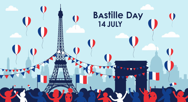 Bastille Day Celebration in Paris: Eiffel Tower, Arc de Triomphe, Balloons, Flags
