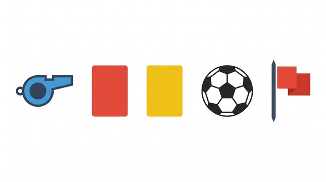 Soccer themed icons of a whistle, cards, ball and flag.  isolated on solid white background