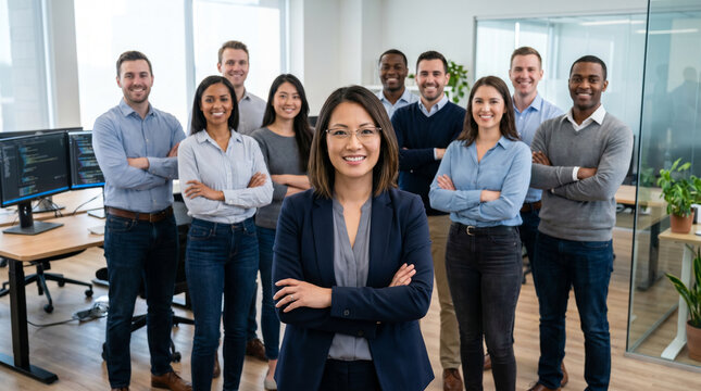 Confident female tech leader stands with arms crossed in modern office, leading diverse team of software engineers behind her, smiling at camera. Bright workspace, innovation, teamwork, and profession
