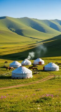 Scenic Mongolian Yurts Nestled in Lush Green Valley.