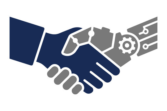 Human and robot handshake symbolizing artificial intelligence collaboration and technology partnership with handshake
